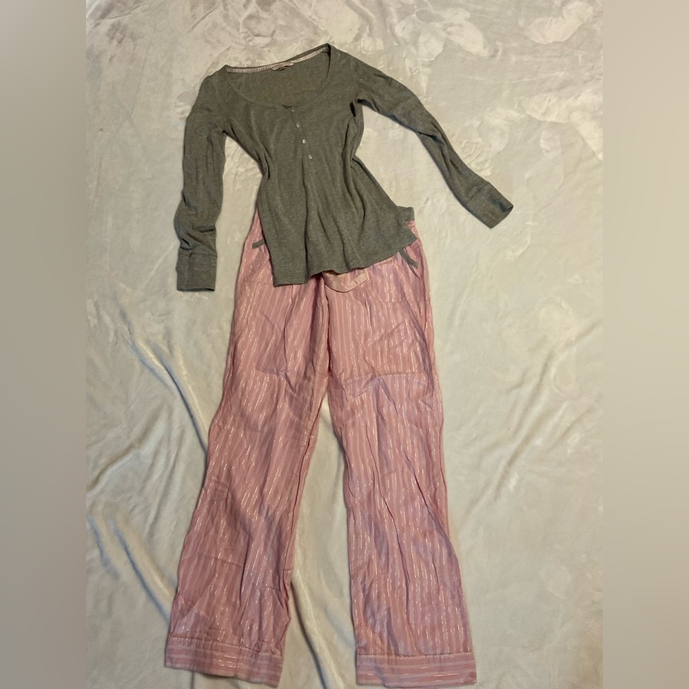 Victorias Secret Gray Top and Pink Striped Pajama Set
